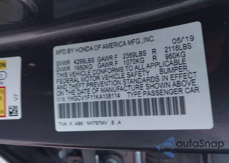 2019 Honda Accord Lx z USA, uszkodzony, nr VIN 1HGCV1F11KA108114